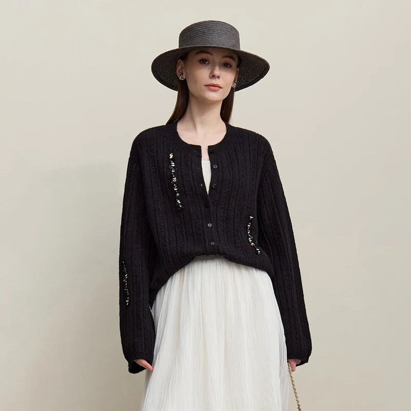 Damen-Strickjacke Rundhals Wolle locker überschnittene Schulter einreihig Frühling