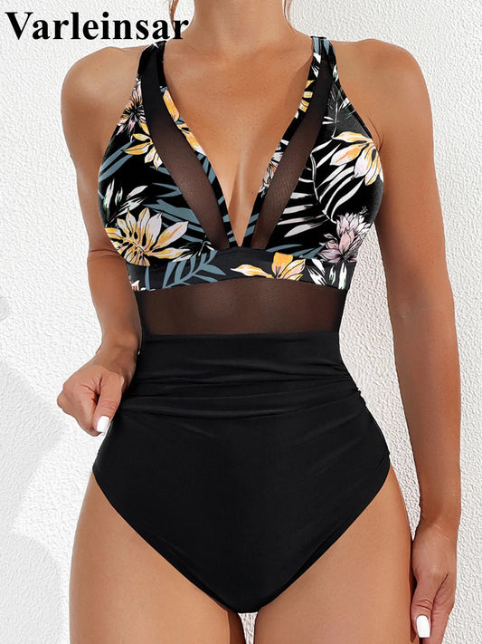 Damen-Badeanzug, schwarz mit Blumenmuster-Top und hohem Beinausschnitt im V-Ausschnitt