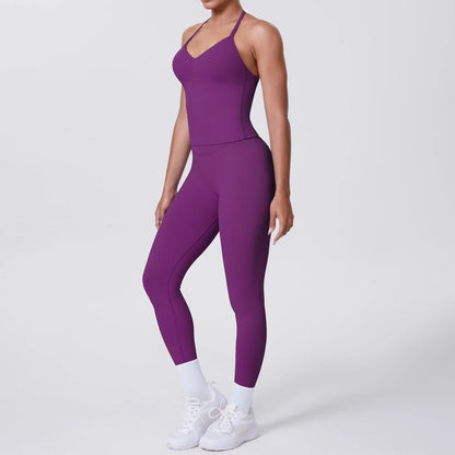 Yoga-Set mit ärmelloser Weste und Leggings, dunkles Violett