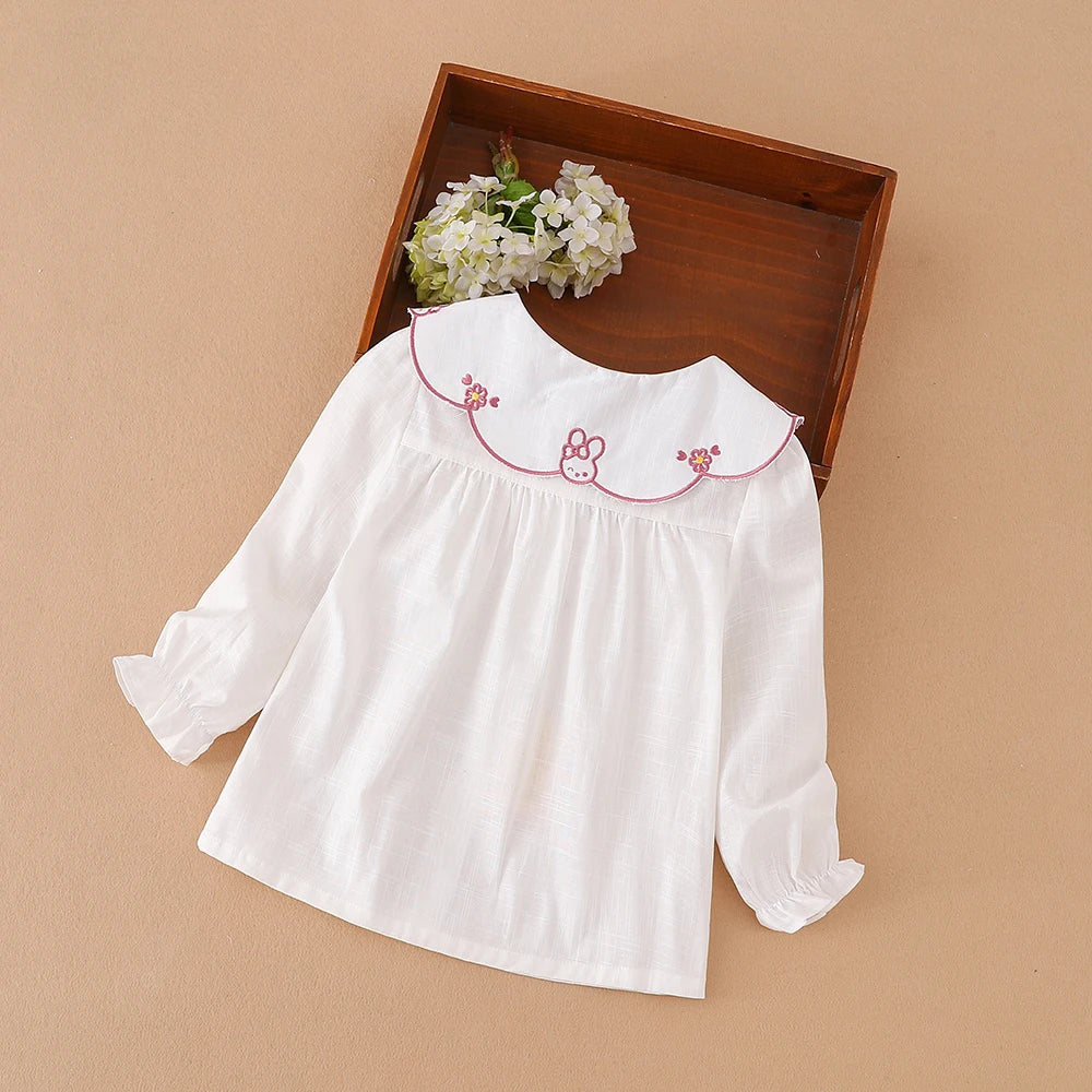 Mädchen-Shirt 2025, Frühling und Herbst, Baby-Kinder, 100 % Baumwolle, langärmelige Kleidung, niedliches Kaninchen, bestickte Oberteile für 2–6 Jahre