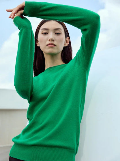 Grüner Damen-Pullover mit Rundhalsausschnitt und langen Ärmeln