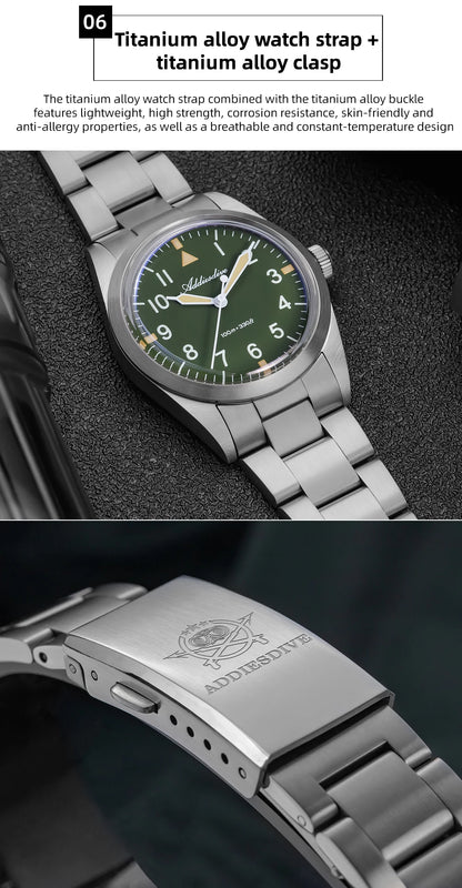 ADDIESDIVE New Watch For Men's Reloj Hombre AD2502 VH31 Movement Titanium Alloy 36mm 100M Waterproof Luminous Quartz Watches