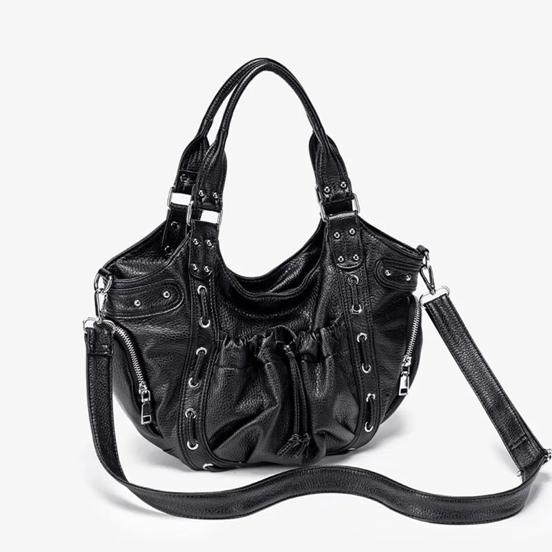 Damen-Hobo-Tasche Aus Leder Im Abgenutzten Retro-Y2K-Biker-Stil Mit Reißverschluss