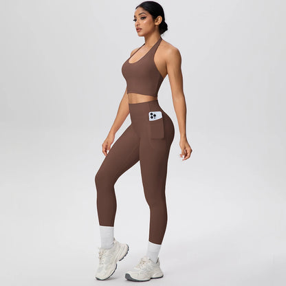Braunes Yogaset für Frauen: Sport-BH und lange Leggings, Handyfach vorn am Bund