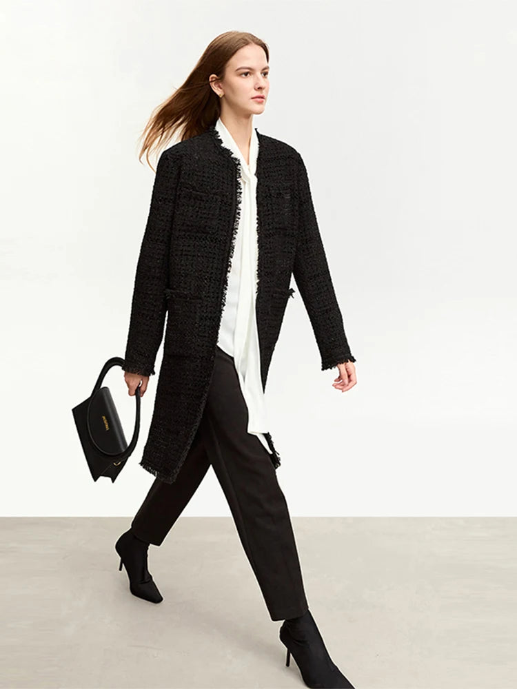 Damen Winter Mantel aus Tweed mit losem Schnitt und Rundhalsausschnitt