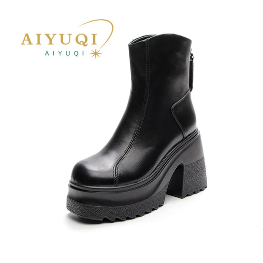 AIYUQI Damen-Stiefelette aus schwarzem Leder, hoher Blockabsatz und Plateau