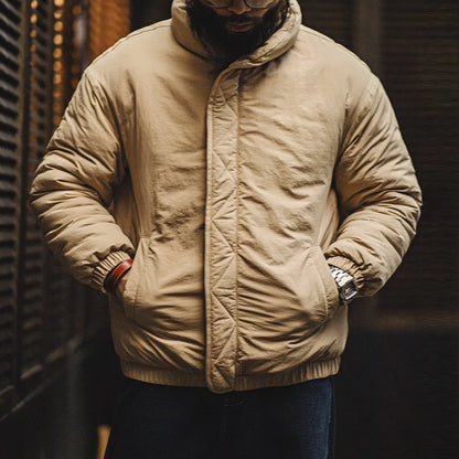 Herren Mantel Retro Khaki Stehkragen gefütterte Puffjacke mit Reißverschluss