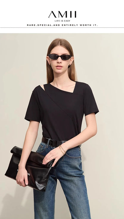 Damen T-Shirts im Minimalismus-Stil mit asymmetrischem V-Ausschnitt und kurzen Ärmeln