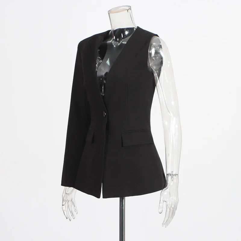 Zweiteiliges Damen-Set mit Reverskragen, langärmligem Patchwork-Blazer und hoch taillierter Hose – lässig und stilvoll