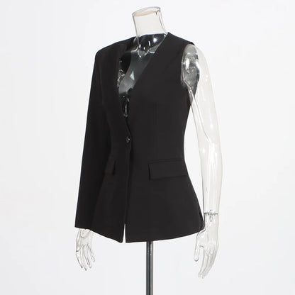 Zweiteiliges Damen-Set mit Reverskragen, langärmligem Patchwork-Blazer und hoch taillierter Hose – lässig und stilvoll