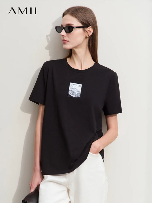 Damen T-Shirt aus Baumwolle mit lässigem O-Ausschnitt und modischer Stickerei