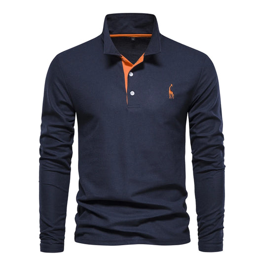 Herren-Langarm-Poloshirt dunkelblau mit Knopfleiste in Orange und Logo-Stickerei