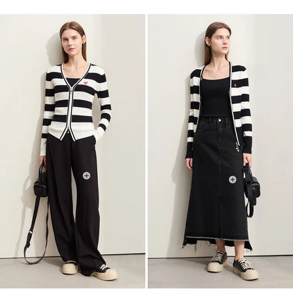 Damen-Strickjacke Kaschmir-Wolle Slim Streifen Reißverschluss Herbst