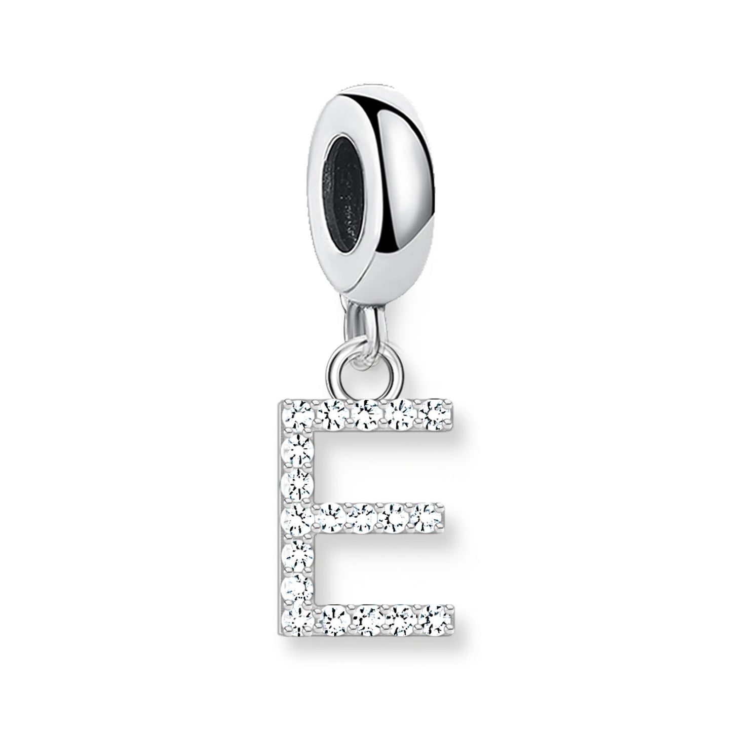 Buchstaben-Charm-Anhänger aus 925er Sterlingsilber mit Strassbuchstabe E und dunklem Stein oben.