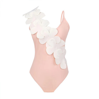 Damen Badeanzug Sarong 3D-Blumen tiefer V-Ausschnitt hoher Beinausschnitt