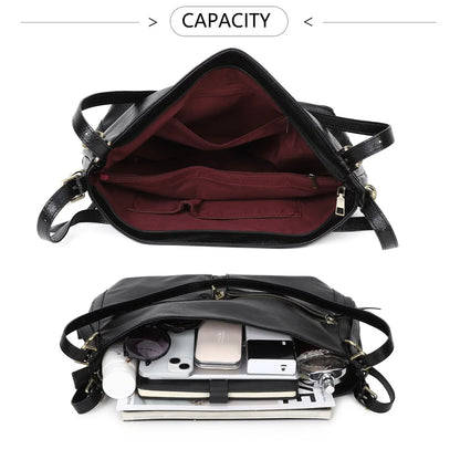 Damen-Schultertasche aus Vintage Öl-Wachs-Leder mit großem Stauraum und Mehrfach-Reißverschlussfächern