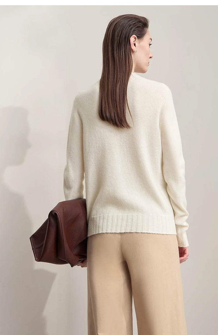 AMII Damenpullover mit Stehkragen, langarm, cremefarben, lockerer Schnitt