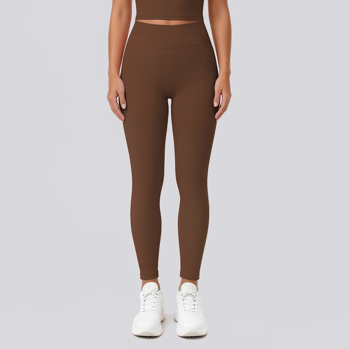 Dunkelbraune Yoga-Leggings mit hohem Bund, körpernah, Rückansicht
