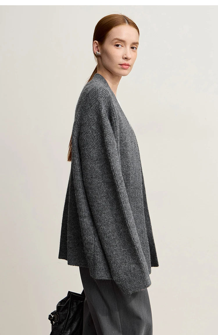 Damen V-Ausschnitt Cardigan lang Wolle-Mix offen Winter