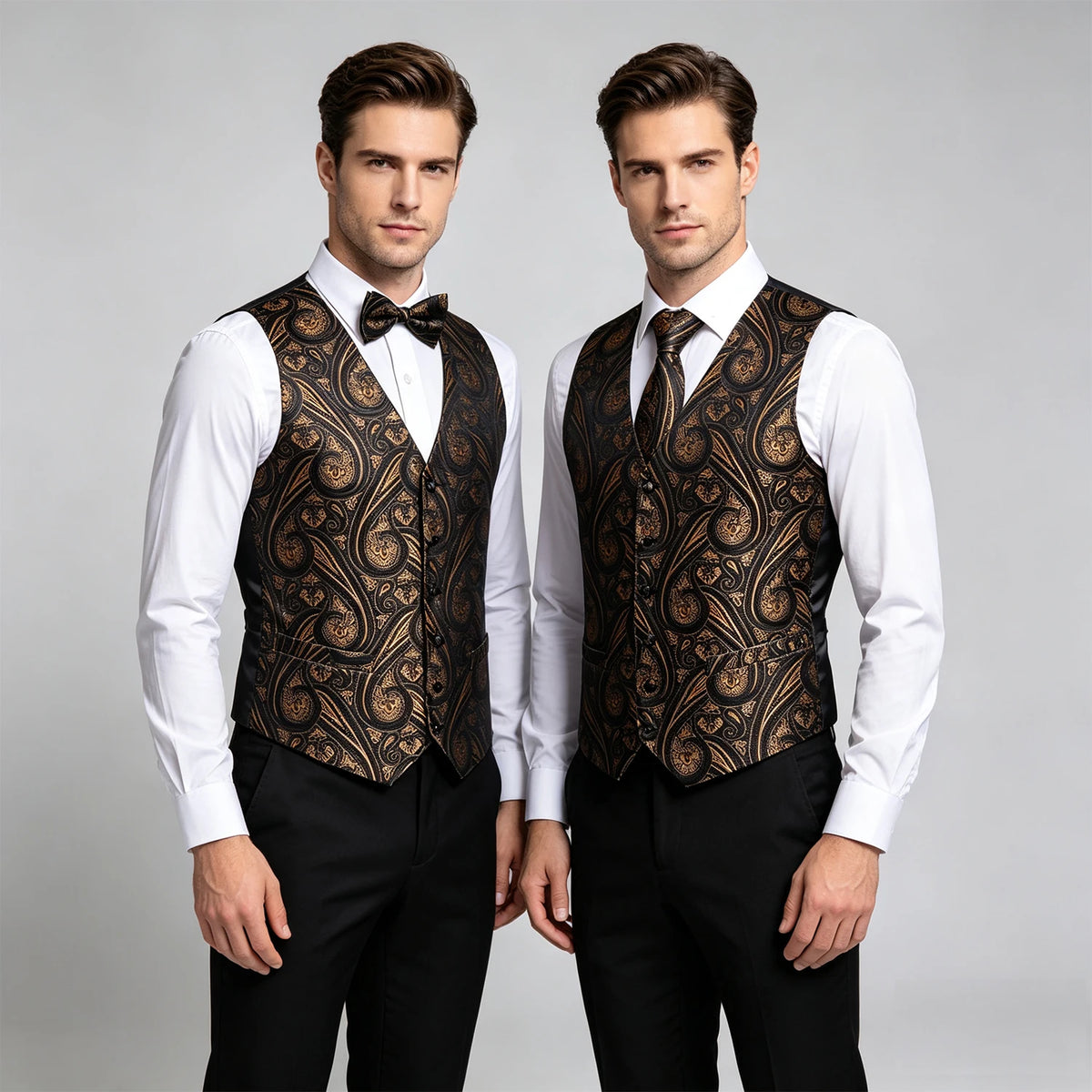 Herren-Anzugweste mit goldfarbenem Paisley-Muster, dazu Hemd und Fliege in Schwarz