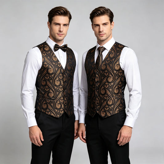 Herren-Anzugweste mit goldfarbenem Paisley-Muster, dazu Hemd und Fliege in Schwarz