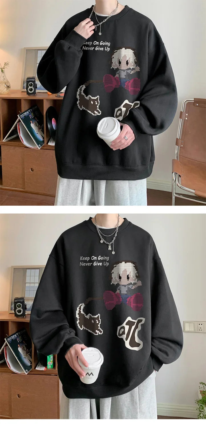 Vintage Oversize Herren-Sweatshirt mit Fist-Print und Rundhalsausschnitt – Herbst/Winter Langarmshirt mit Samtfutter im High-Street-Trend