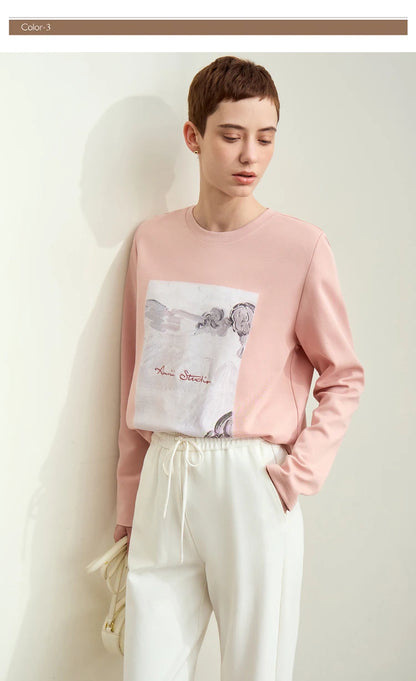 Damen T-Shirt im Minimalismus-Stil mit Kunstdruck und Stickerei für den Herbst
