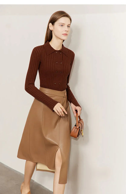 Damen-Strickjacke Polokragen Slim doppelreihig Wolle-Mix Frühling-Herbst