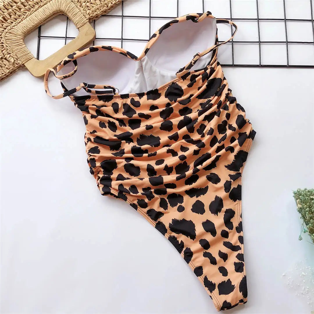 Damen-Badeanzug Leopard Push-Up Bandeau High-Cut gepolstert