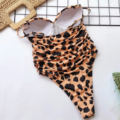 Damen-Badeanzug Leopard Push-Up Bandeau High-Cut gepolstert