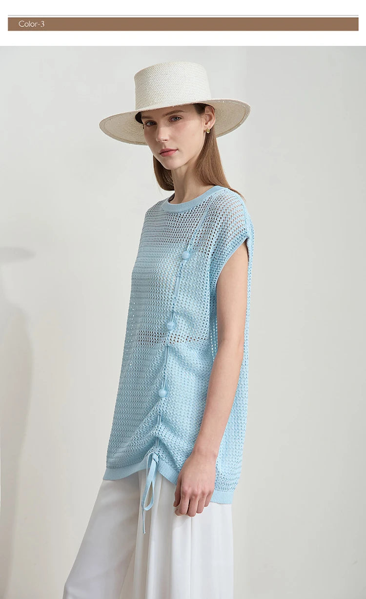 Damen-Shortsleeve-Strickpullover in Hellblau mit Kordelzug vorne, offenem Maschenmuster
