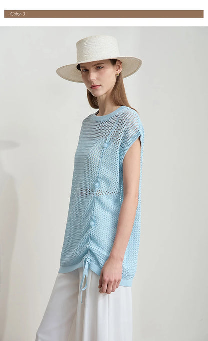 Damen-Shortsleeve-Strickpullover in Hellblau mit Kordelzug vorne, offenem Maschenmuster