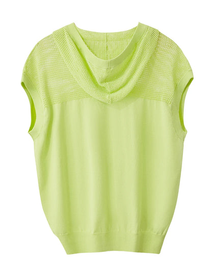 Kapuzen-Kurzarm-Pullover Limettengrün, Rückansicht mit Kapuze und Strickmaschen