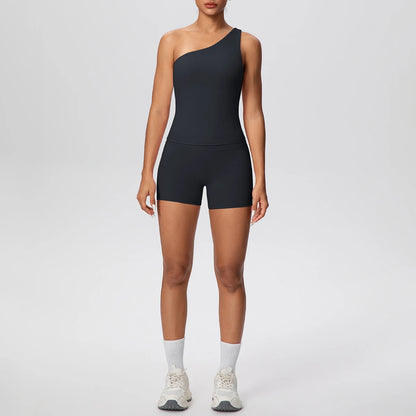 Yoga-Set mit einseitigem BH und Shorts, dunkelblau, eng anliegend