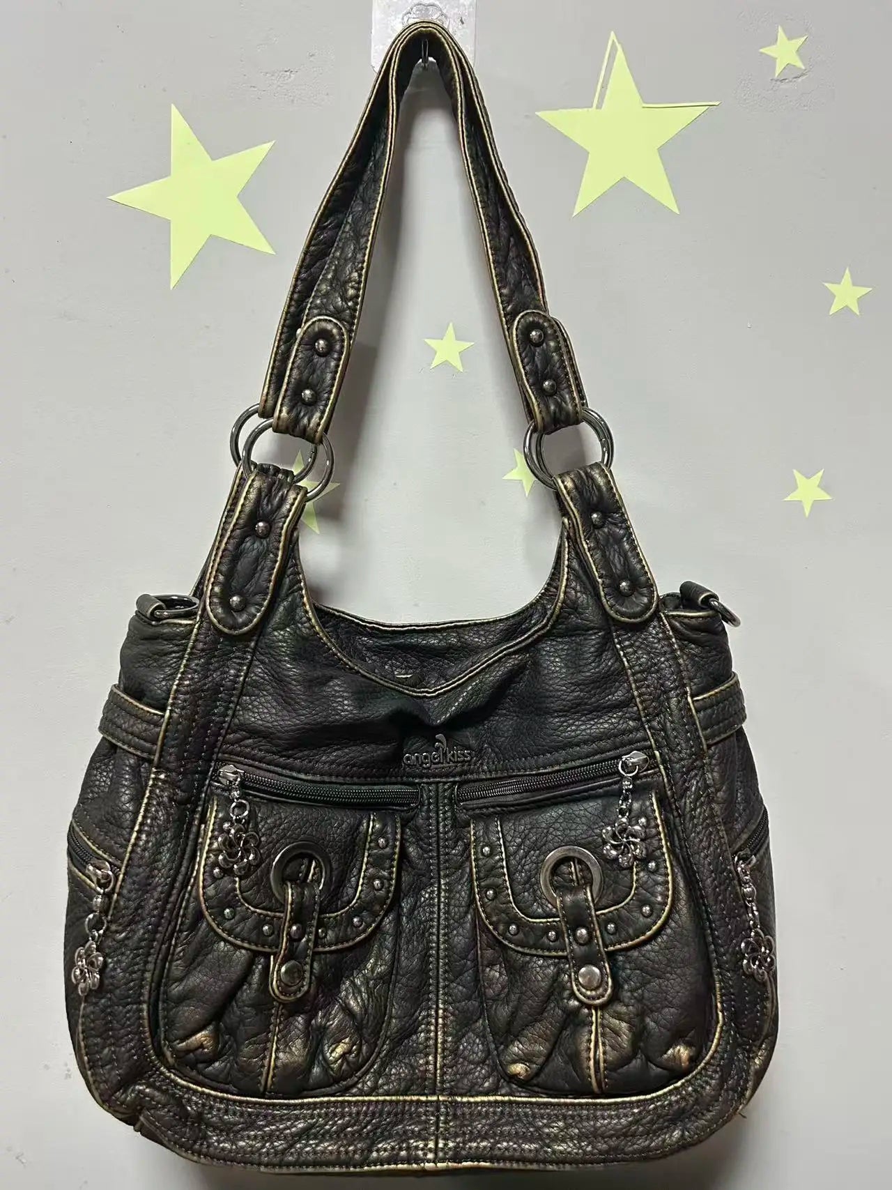 Damen-Schultertasche aus PU Bronze Retro-Stil mit Topgriff und Smartphonefach große Kapazität