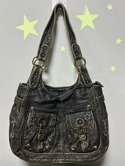 Damen-Schultertasche aus PU Bronze Retro-Stil mit Topgriff und Smartphonefach große Kapazität