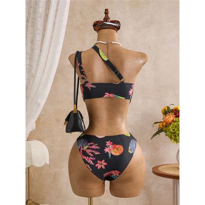 Damen Badeanzug Blumendruck One-Shoulder asymmetrisch Cut-Out Monokini gepolstert