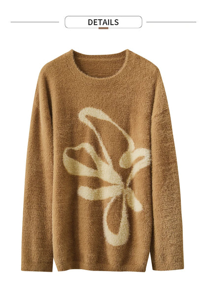 Damen-Jacquardpullover in Kaffee, beiges Blumen-Schleifenmuster, Rundhalsausschnitt, Langarm