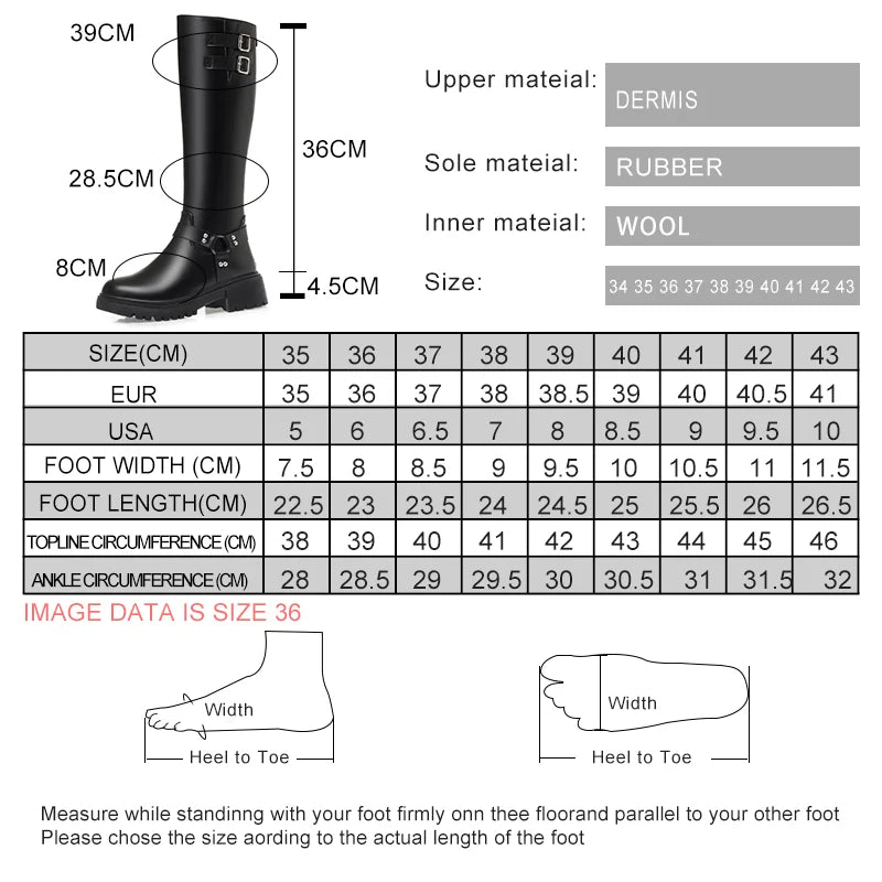 Größen- und Materialtabelle der Winterstiefel: Leder, Gummi, Wolle; Maße in cm