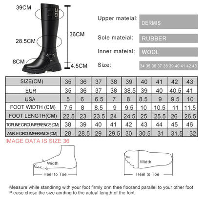 Größen- und Materialtabelle der Winterstiefel: Leder, Gummi, Wolle; Maße in cm