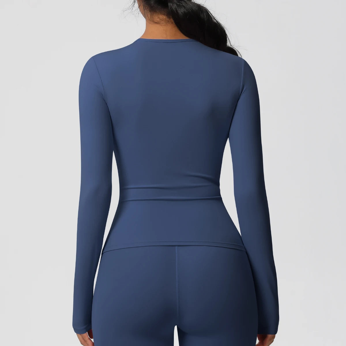 Damen-Langarm-Workout-Top, dunkelblau, Rücken mit Mittelnaht, langärmlig, schmal