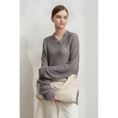 Damen V-Ausschnitt Pullover Mohair Spitze locker mittellang Frühling