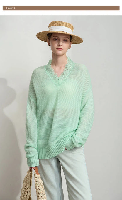 Damen V-Ausschnitt Pullover Mohair Spitze locker mittellang Frühling