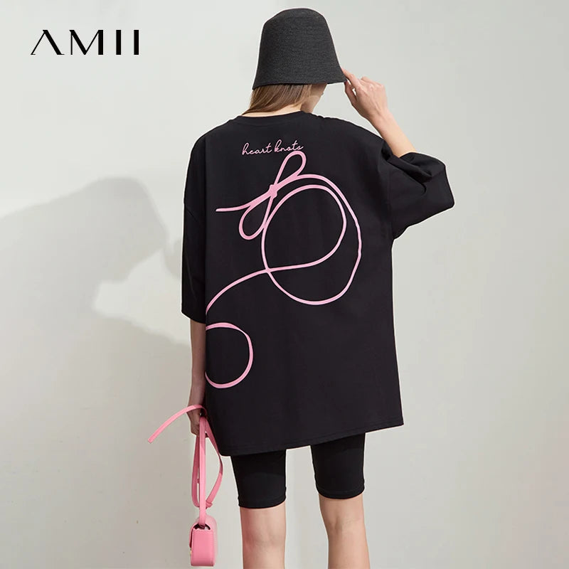 Damen T-Shirt aus ultraloch Stretch-Baumwolle mit Buchstaben-Bowknot-Aufdruck