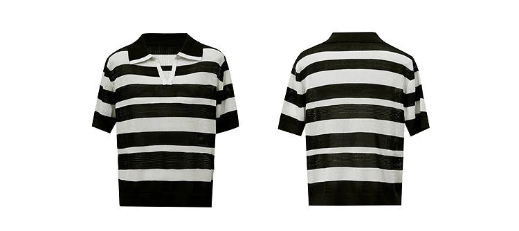 Damen-Polopullover, schwarz-weiße Streifen; Front- und Rückansicht