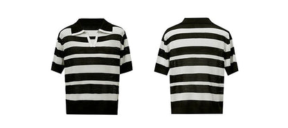 Damen-Polopullover, schwarz-weiße Streifen; Front- und Rückansicht