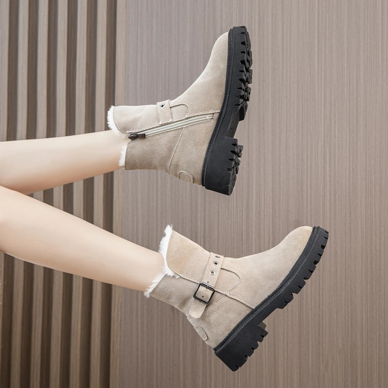 AIYUQI Women's Snow Boots Suede Genuinen Leather New Large Size Thick Warm Women Winter Boots Casual Women's Ankle Boots