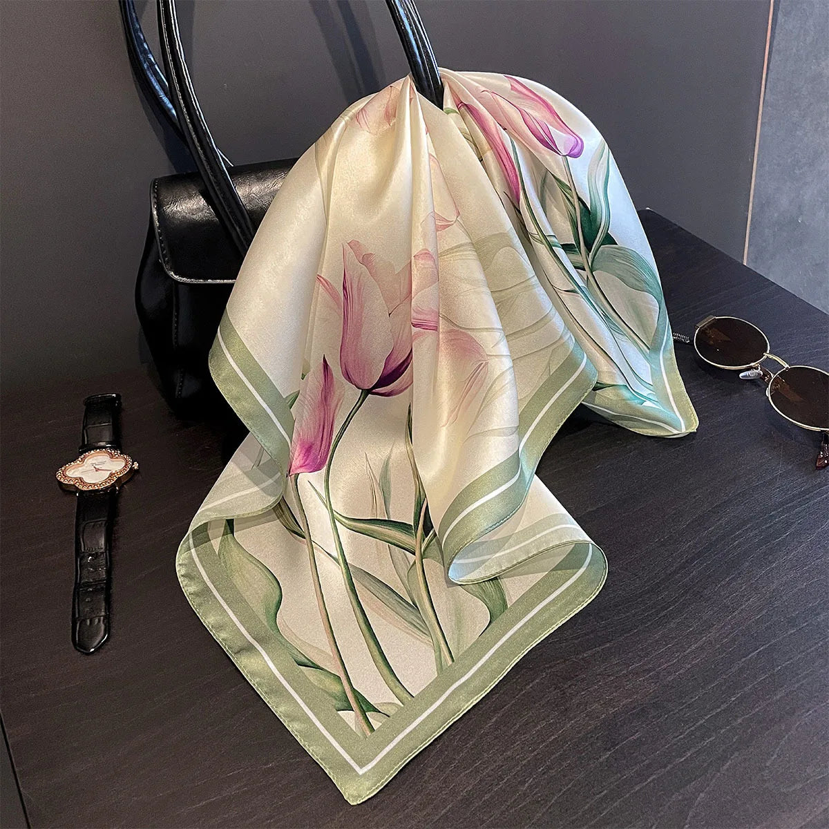 Damen Seidenschal 53cm quadratisch Blumenprint Luxus Hijab Bandana F