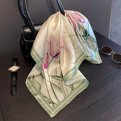 Damen Seidenschal 53cm quadratisch Blumenprint Luxus Hijab Bandana F