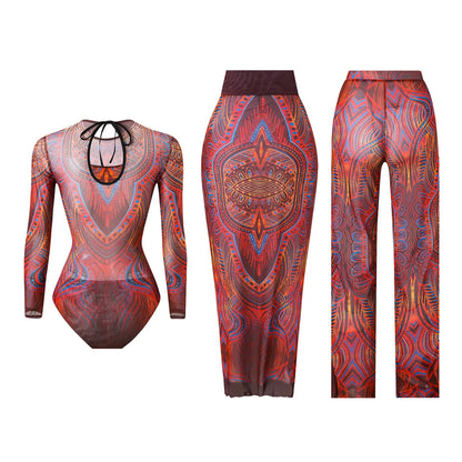 Damen-Badeanzug 3-teilig Print Langarm Sarong-Set gepolstert